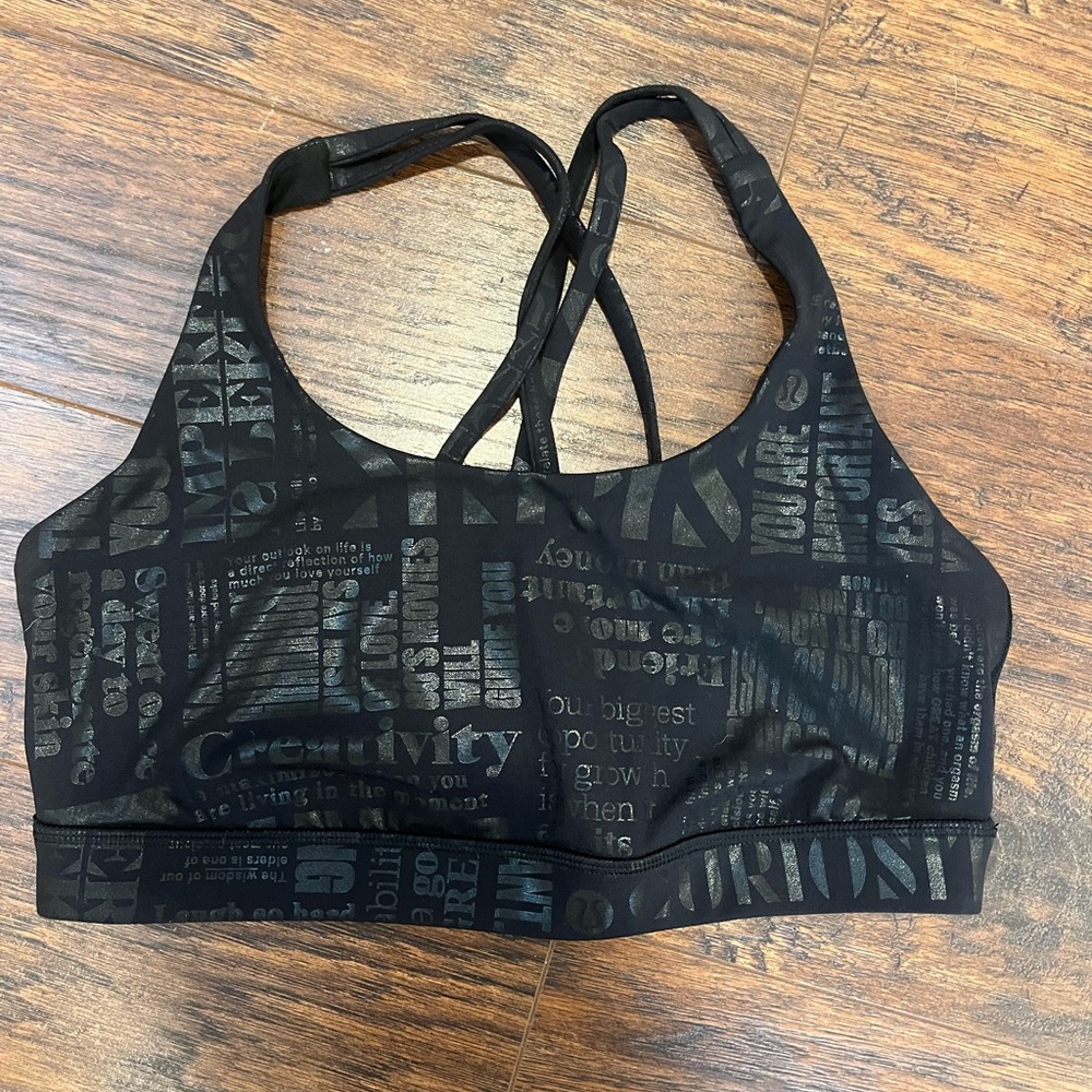 Lululemon Energy Bra Black Manifesto Foil Sports Bra 10 Large Special Edition